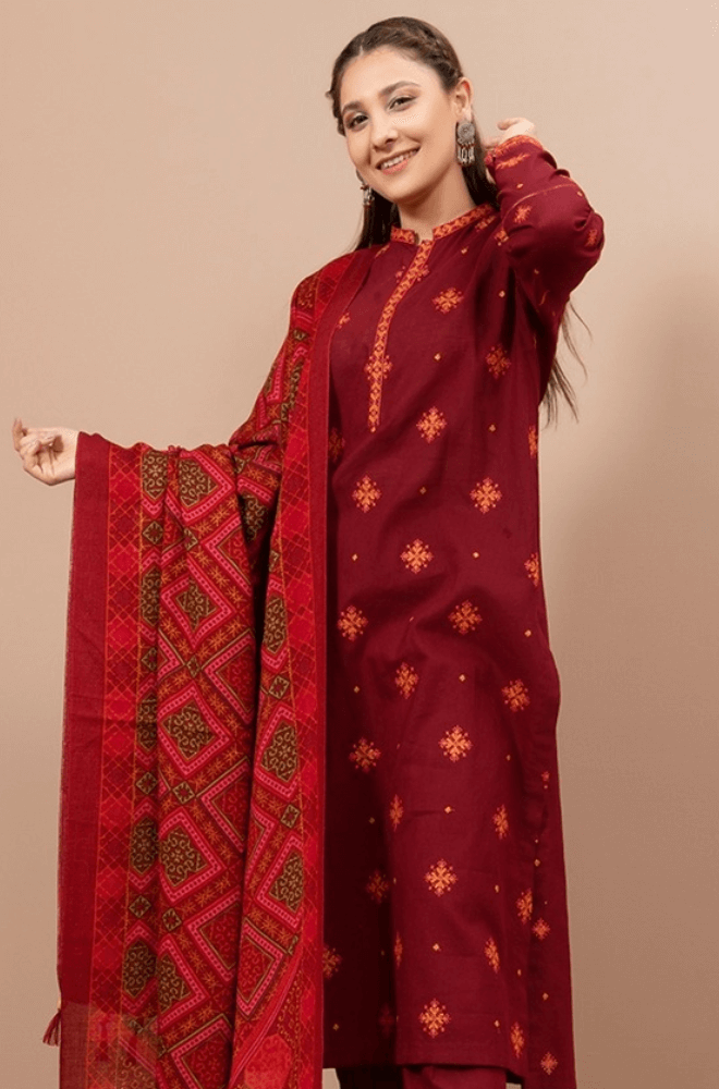 3 Piece Unstitched Heavy Embroidered Dhanak Wool Suit With Printed Dhanak Wool Shawl