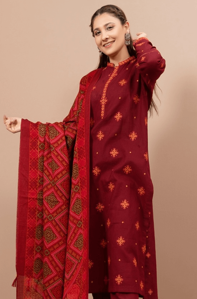 3 Piece Unstitched Heavy Embroidered Dhanak Suit With Printed Woolen Shawl
