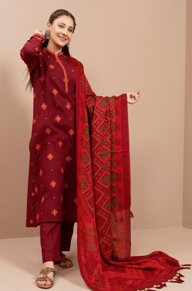 3 Piece Unstitched Heavy Embroidered Dhanak Wool Suit With Printed Dhanak Wool Shawl