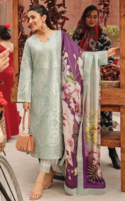 3 Piece Unstitched Heavy Embroidered Chickan Kari Pure Lawn Suit with Digital Printed Silk Dupatta