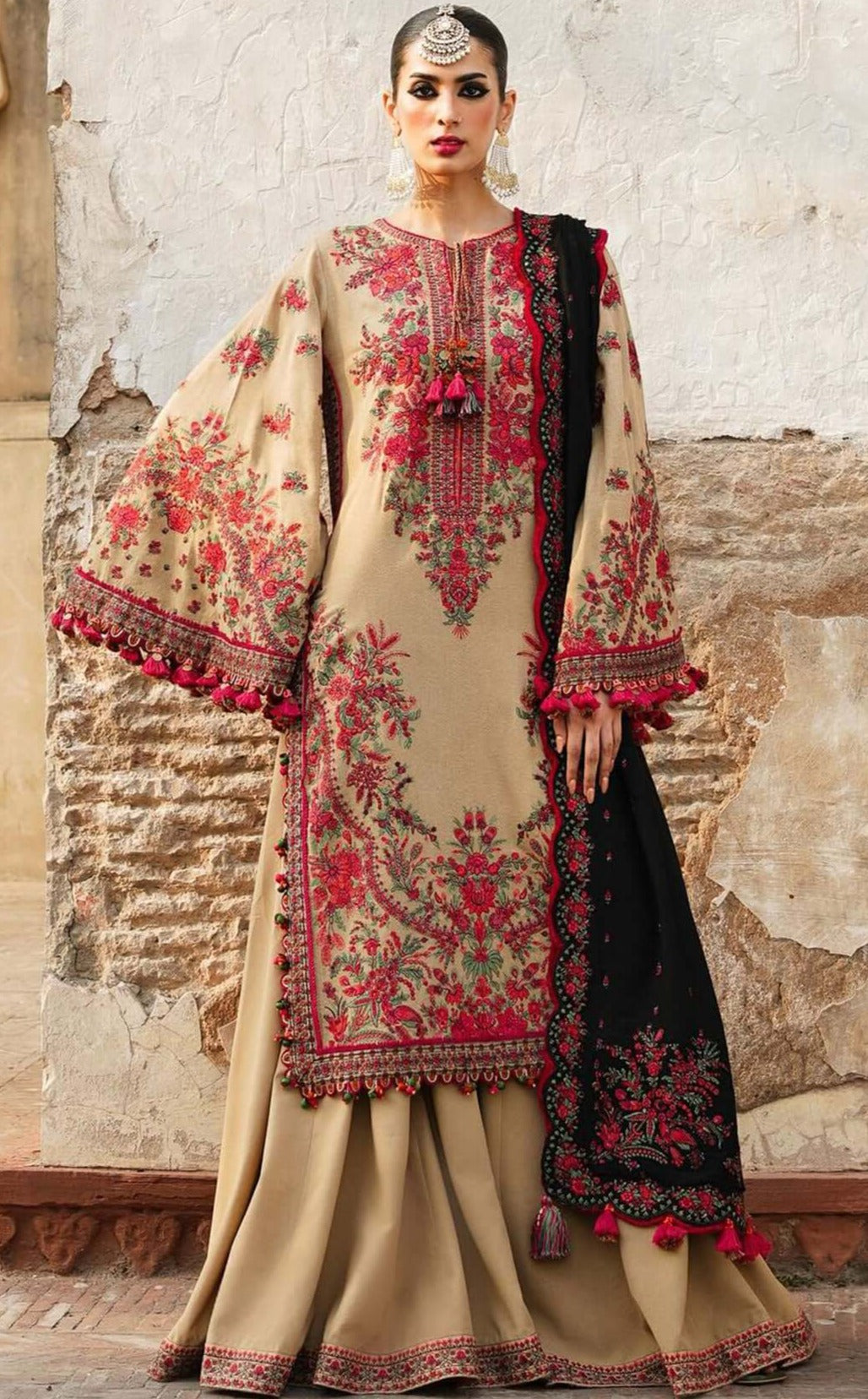 3 Piece Unstitched Heavy Embroidered Dhanak Suit With Four Sided Embroidered Dhanak Shawl