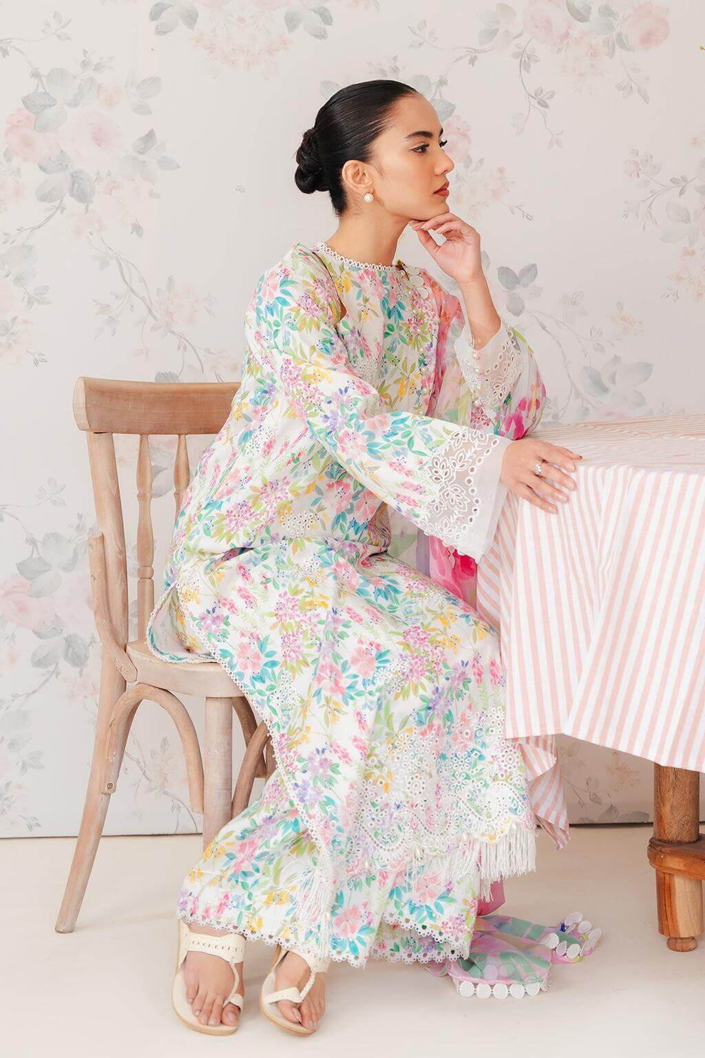 3 Piece Unstitched Heavy Embroidered Chickan Kari Pure Lawn Suit with Printed Monaar Dupatta