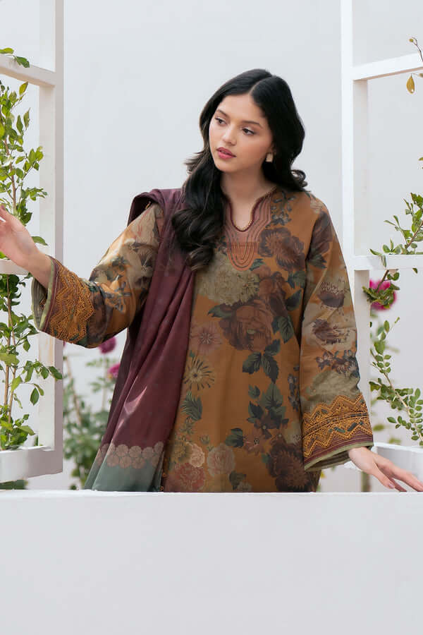 3 Piece Unstitched Heavy Embroidered Pure Lawn Suit with Printed Monaar Silk Dupatta