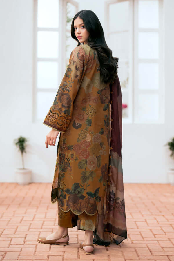 3 Piece Unstitched Heavy Embroidered Pure Lawn Suit with Printed Monaar Silk Dupatta