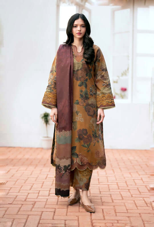 3 Piece Unstitched Heavy Embroidered Pure Lawn Suit with Printed Monaar Silk Dupatta