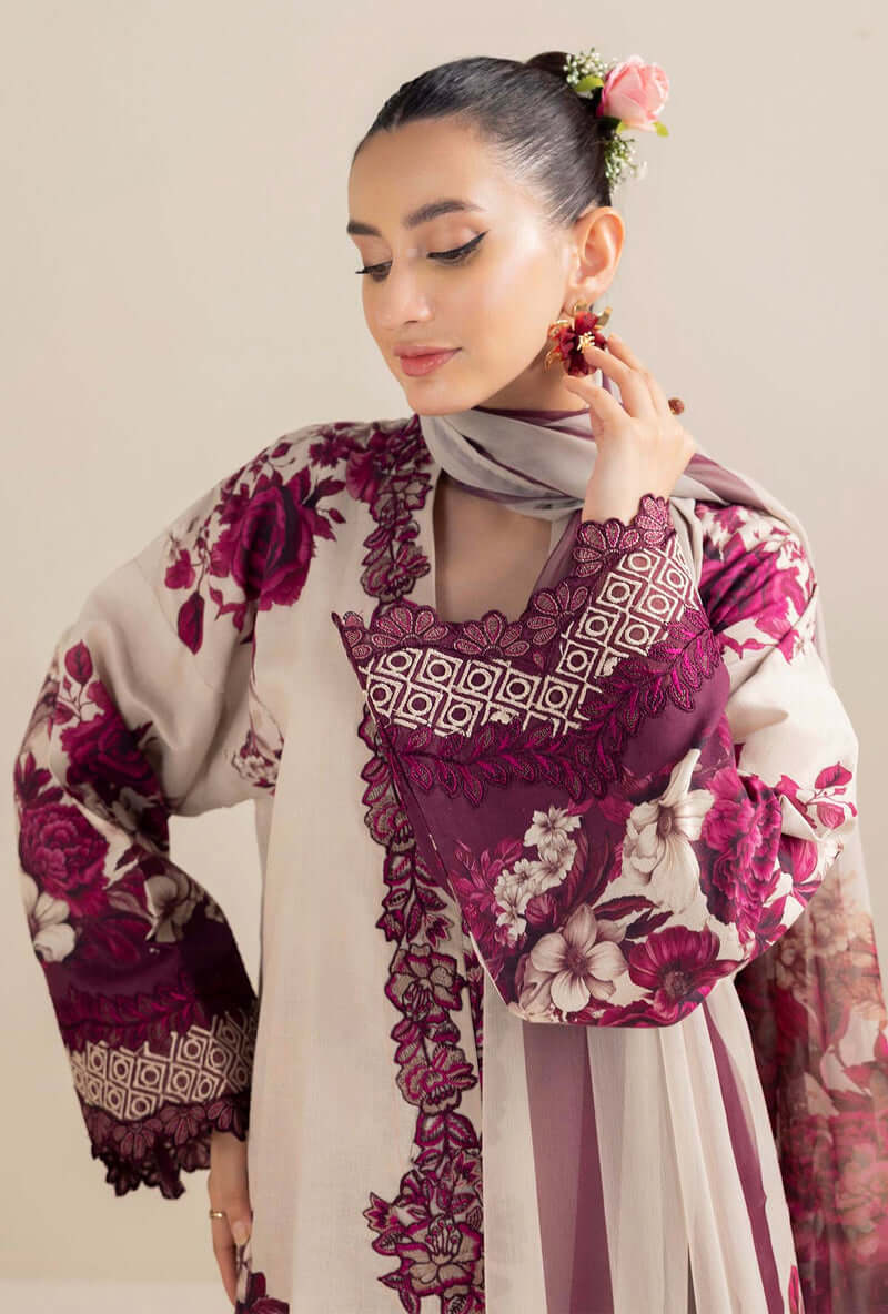 3 Piece Unstitched Embroidered Khaddar Suit with Printed Khaddar Shawl