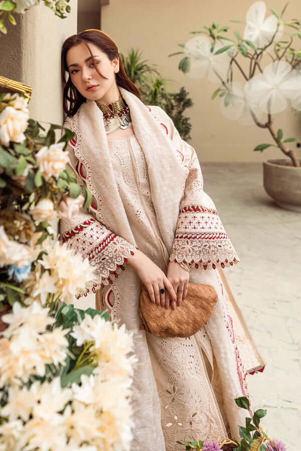 3 Piece Unstitched Heavy Embroidered Pure Lawn Suit with Printed Cotton Net Dupatta