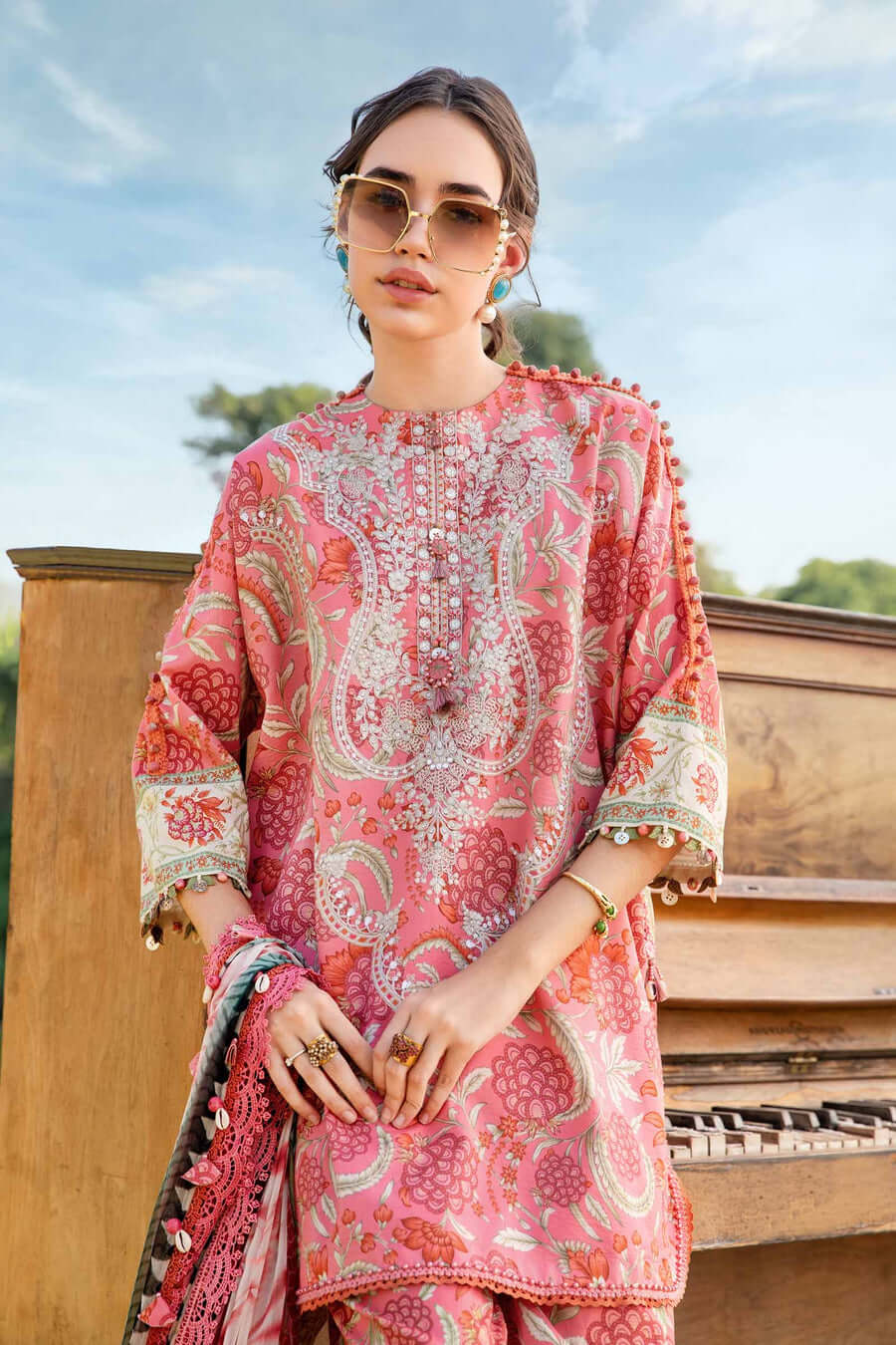3 Piece Unstitched Embroidered Pure Lawn Suit with Printed Lawn Dupatta