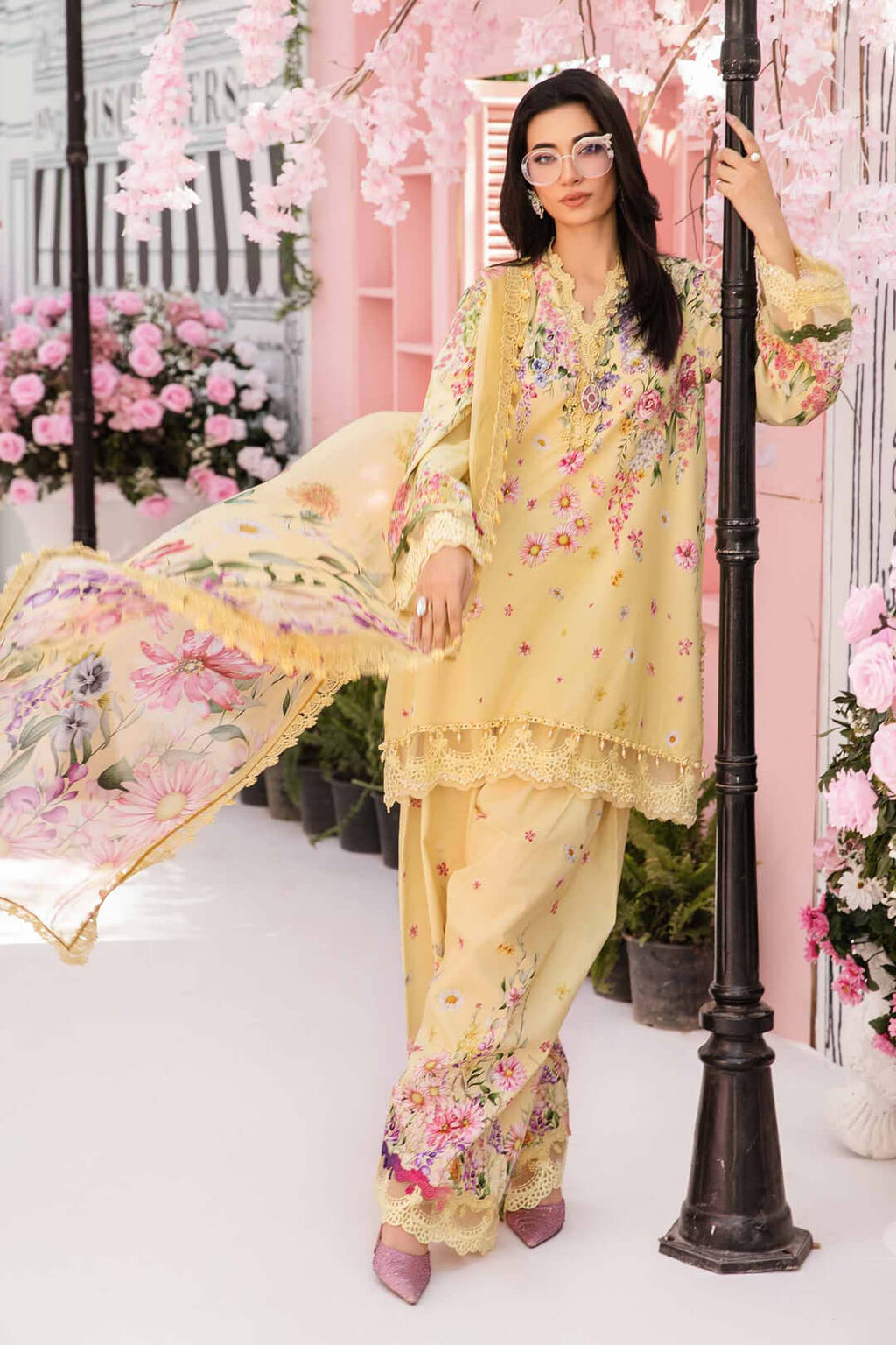 3 Piece Unstitched Heavy Embroidered Pure Lawn Suit with Printed Silk Dupatta