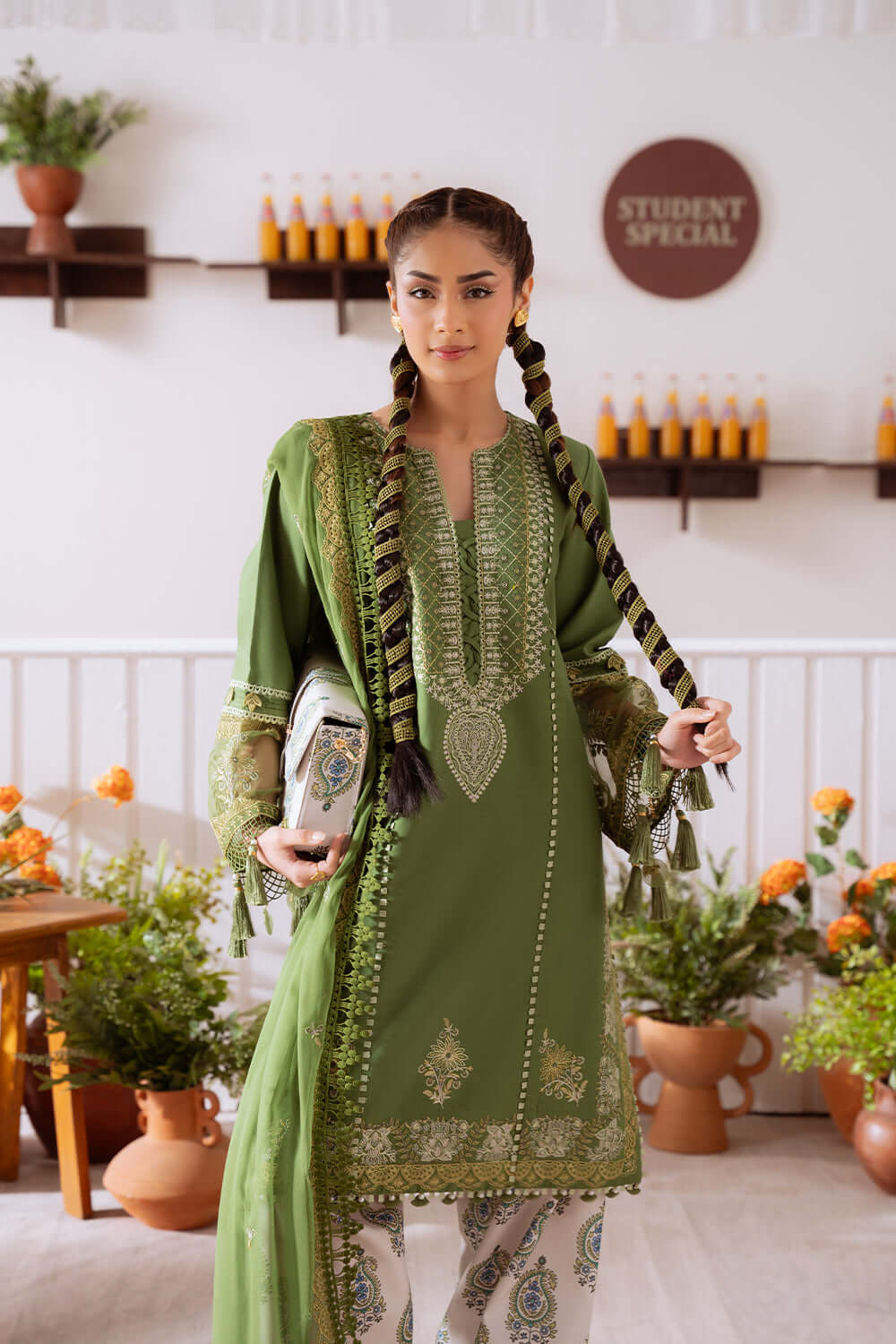 3 Piece Unstitched Heavy Embroidered Pure Lawn Suit with Embroidered Plain Net Dupatta