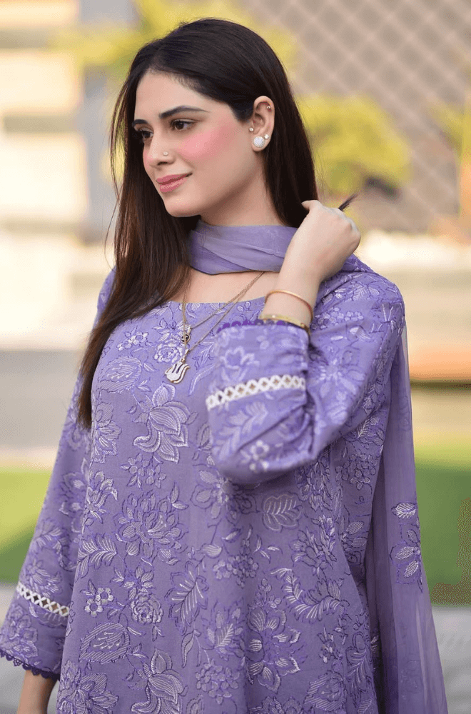3 Piece Unstitched Heavy Embroidered Pure Lawn Suit with Heavy Embroidered Chiffon Dupatta