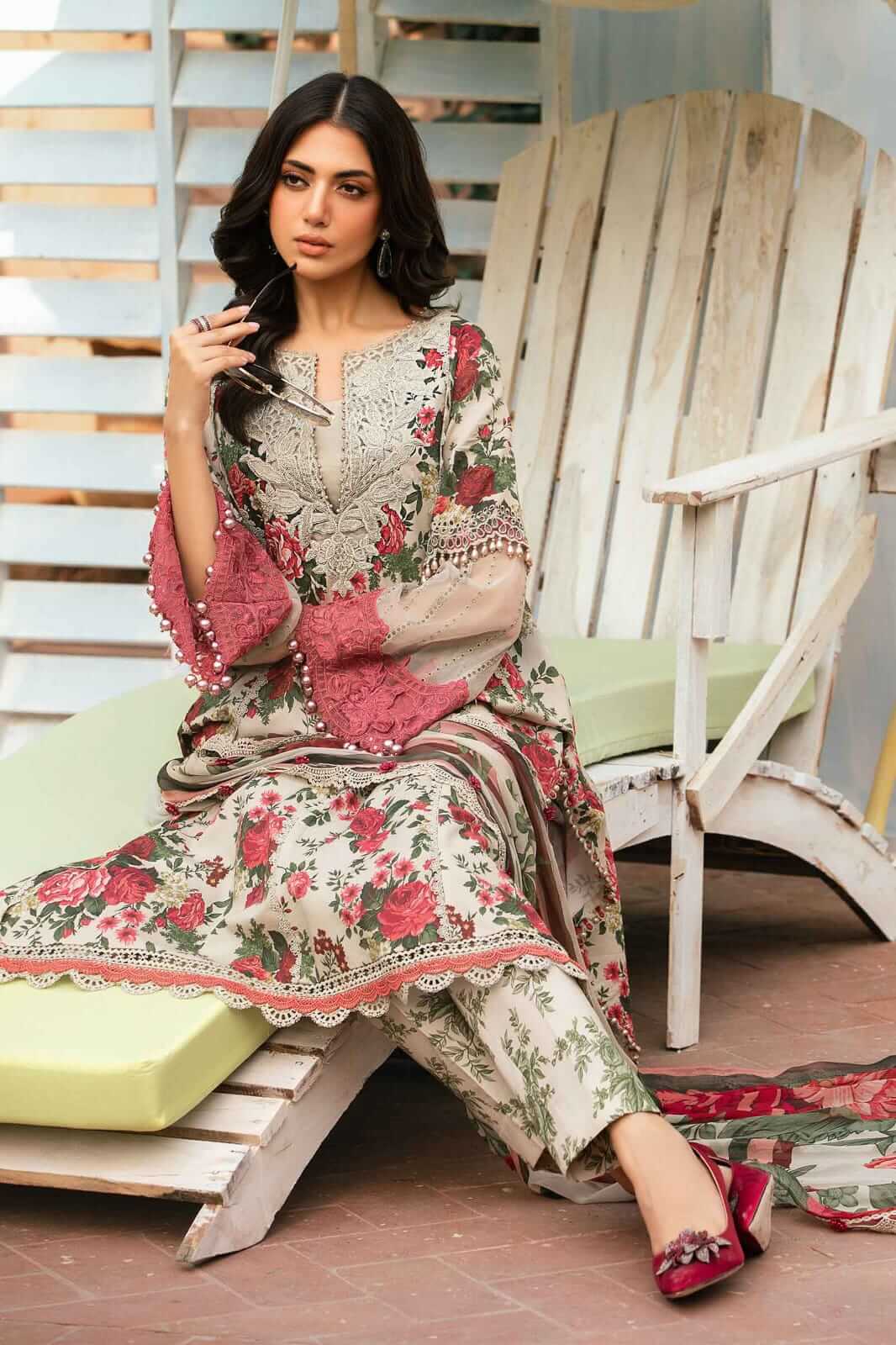 3 Piece Unstitched Heavy Embroidered Pure Lawn Suit with Fine Printed Silk Dupatta
