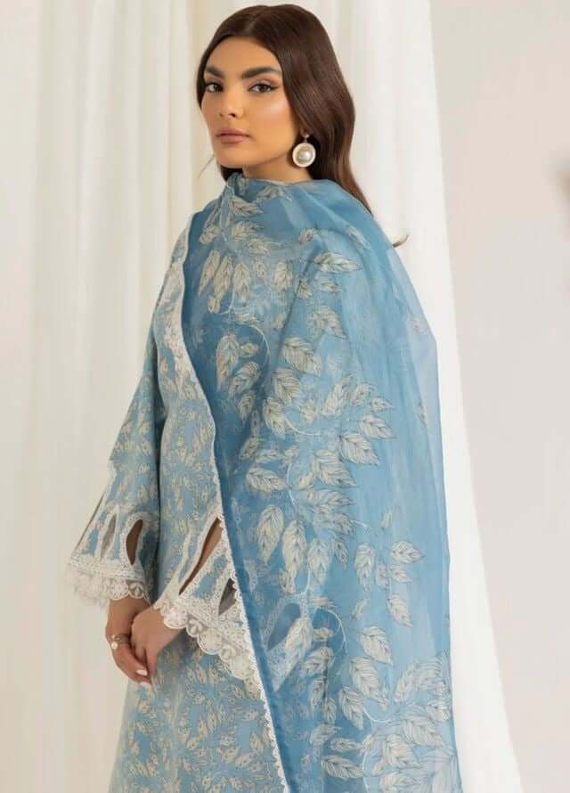 3 Piece Unstitched Embroidered Pure Lawn Suit with Fine Printed Silk Dupatta