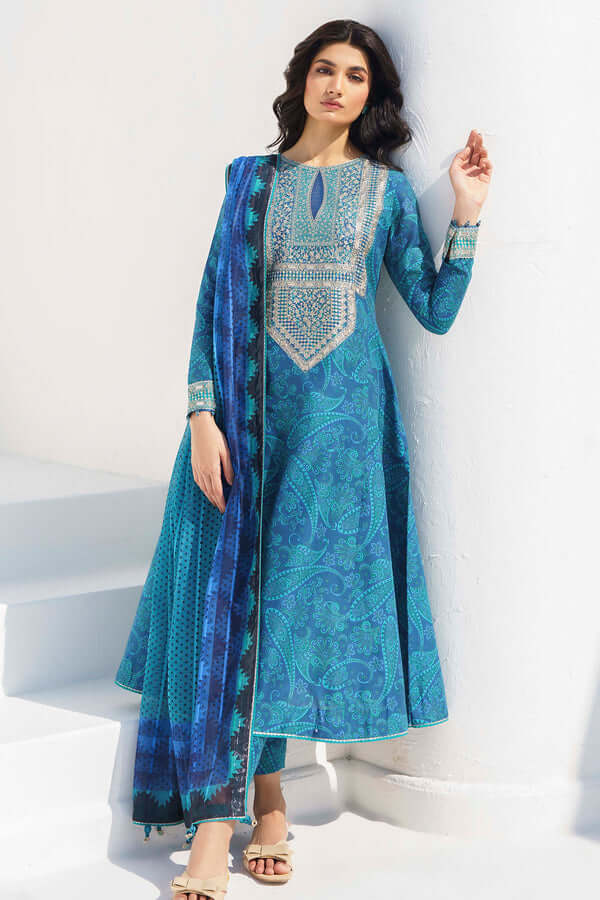 3 Piece Unstitched Embroidered Pure Lawn Suit with Printed Lawn Dupatta