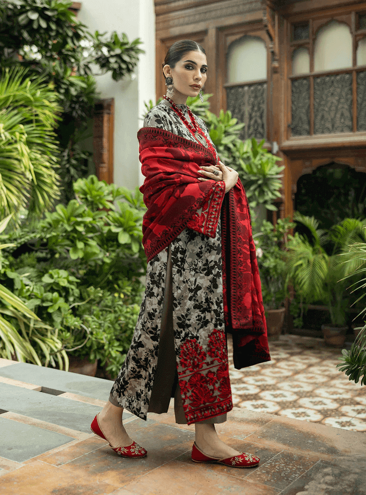 3 Piece Unstitched Embroidered Khaddar Suit with Printed Khaddar Dupatta