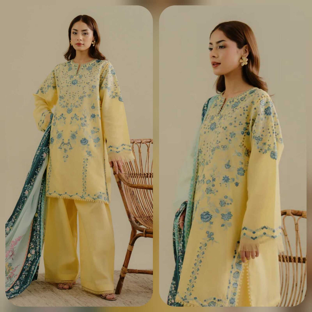 3 Piece Unstitched Heavy Embroidered Pure Lawn Suit with Printed Silk Dupatta