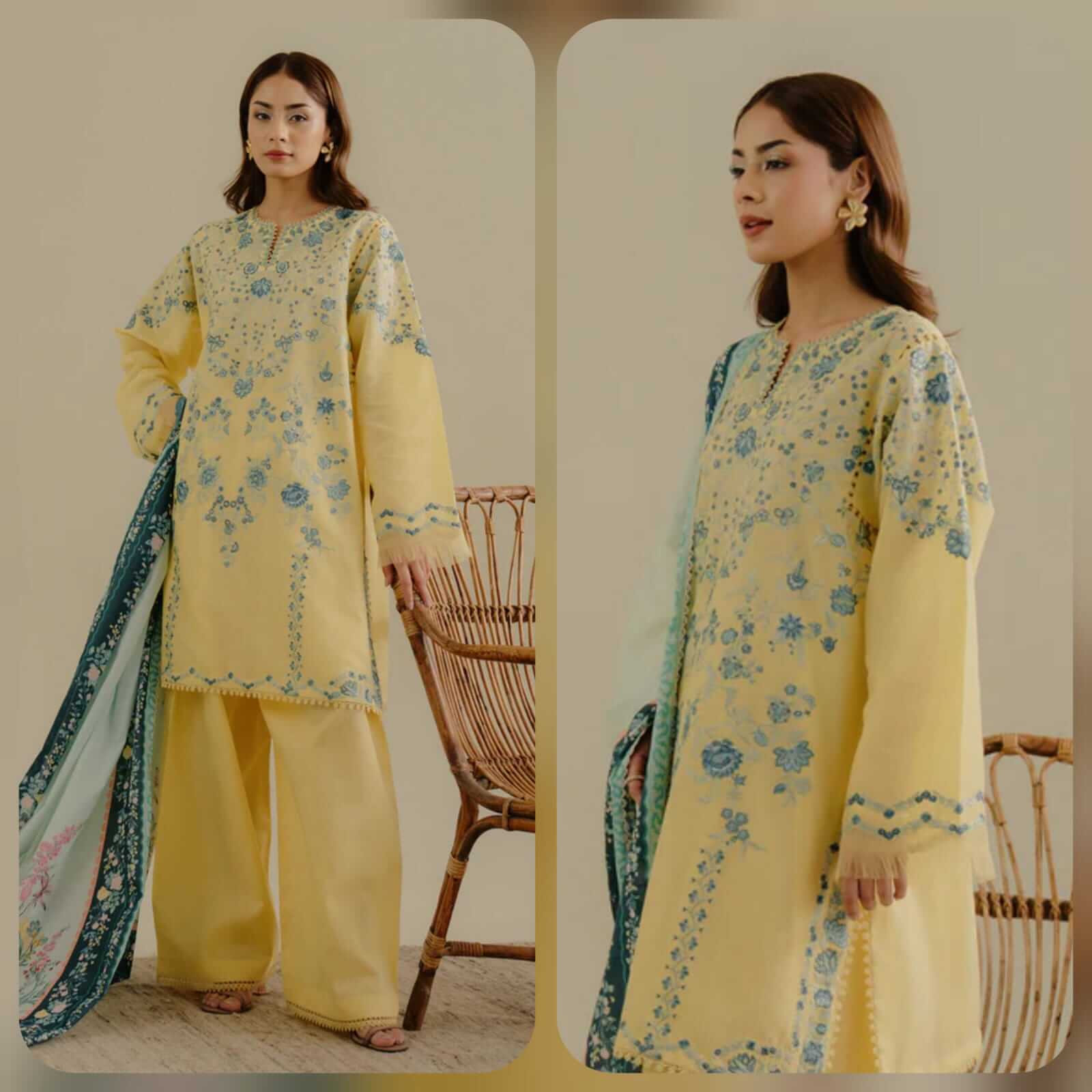 3 Piece Unstitched Heavy Embroidered Pure Lawn Suit with Printed Silk Dupatta