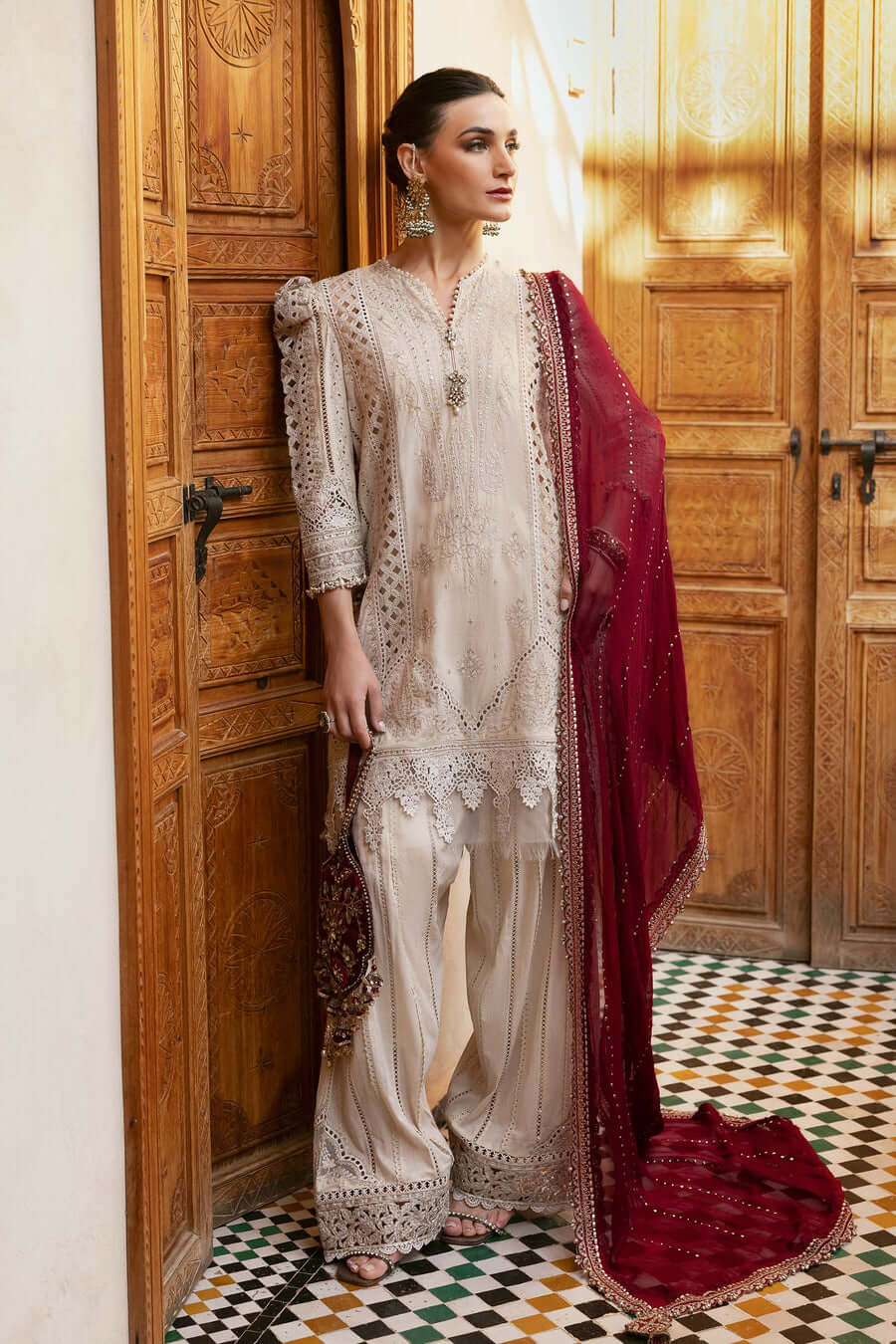 3 Piece Unstitched Fully Embroidered Chicken Kari Pure Lawn Dress with Fully Embroidered Pure Chiffon Dupatta