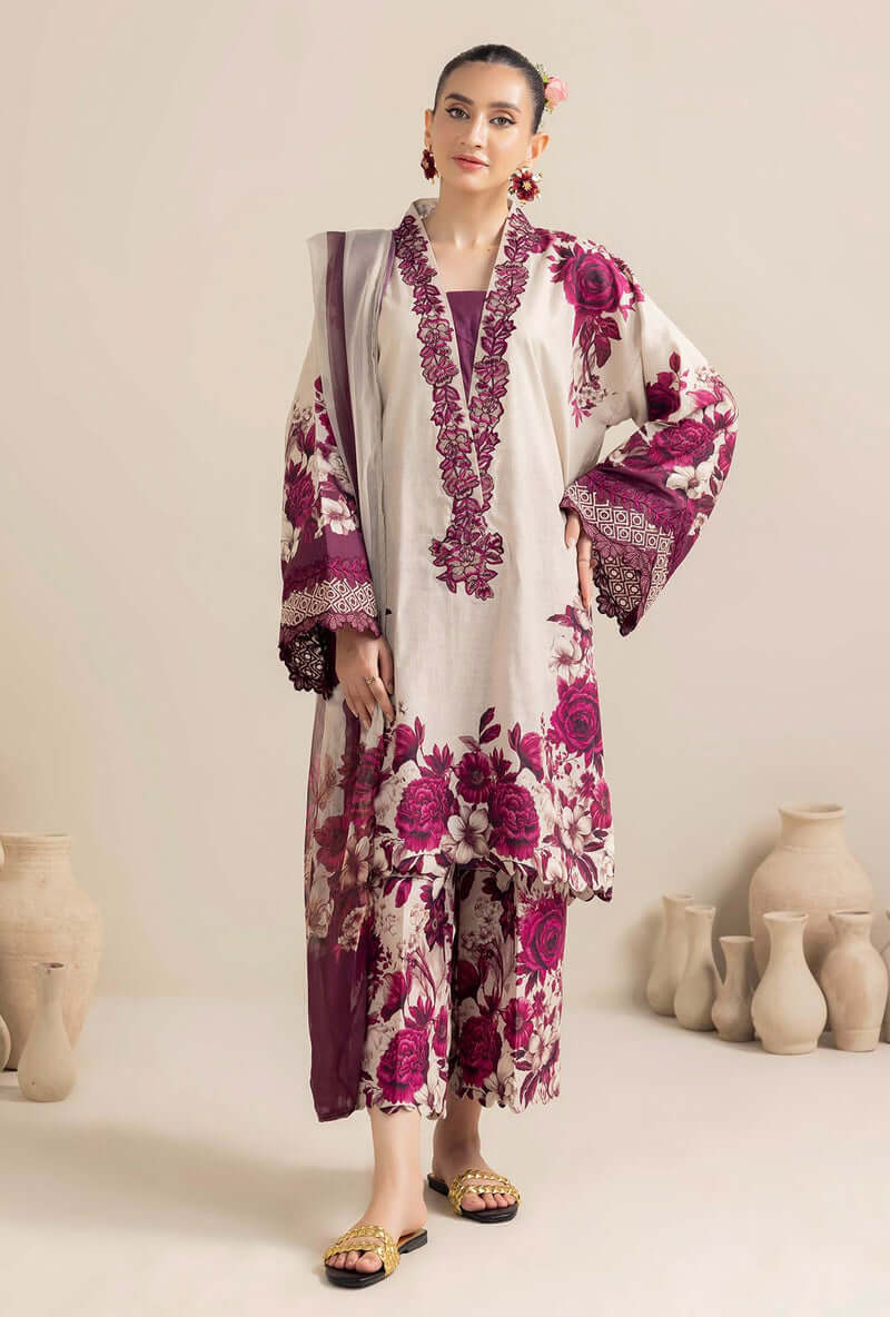 3 Piece Unstitched Embroidered Khaddar Suit with Printed Khaddar Shawl