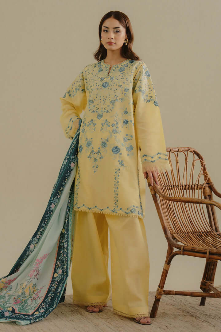 3 Piece Unstitched Heavy Embroidered Pure Lawn Suit with Printed Silk Dupatta