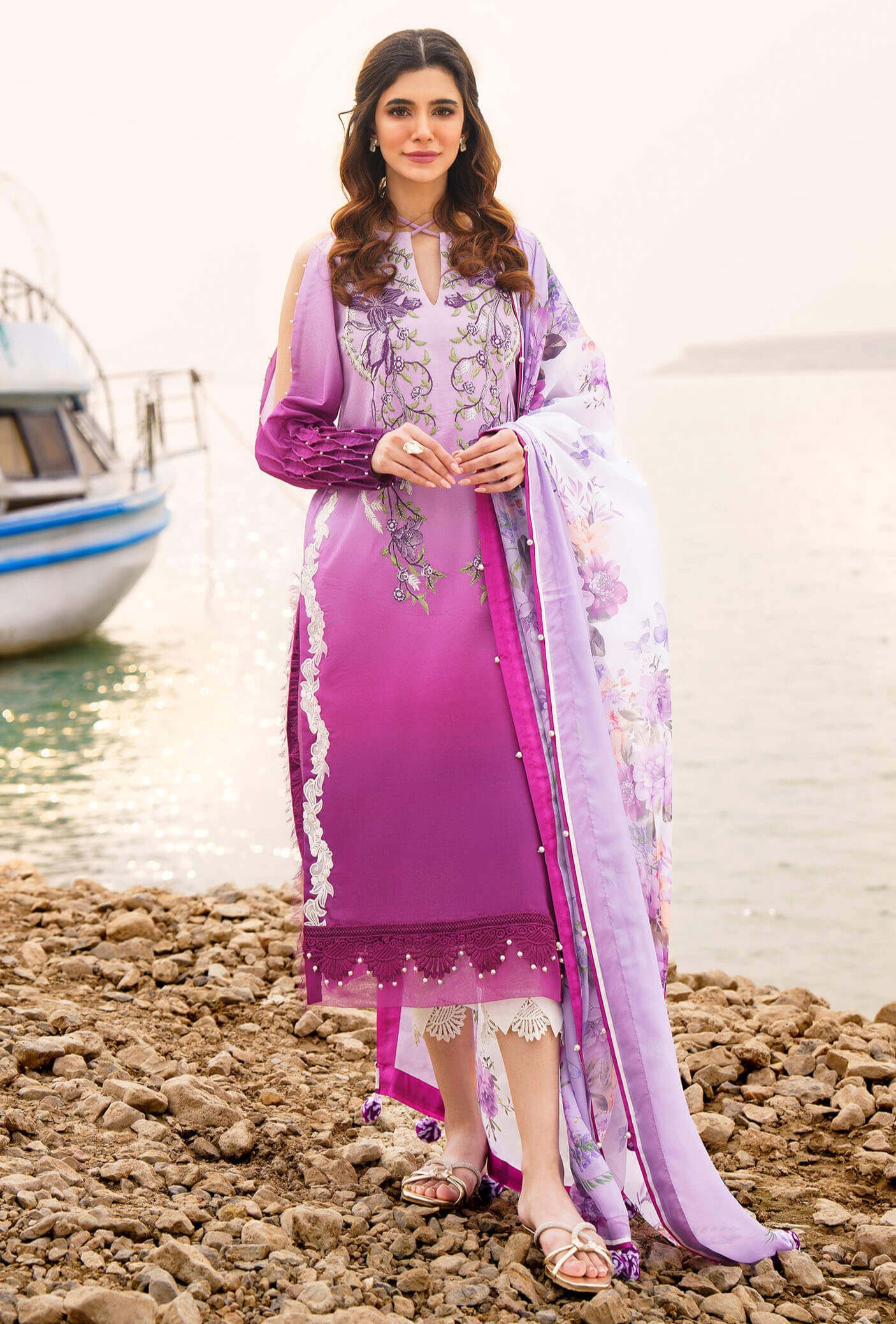 3 Piece Unstitched Heavy Embroidered Pure Lawn Suit with Fine Printed Chiffon Dupatta