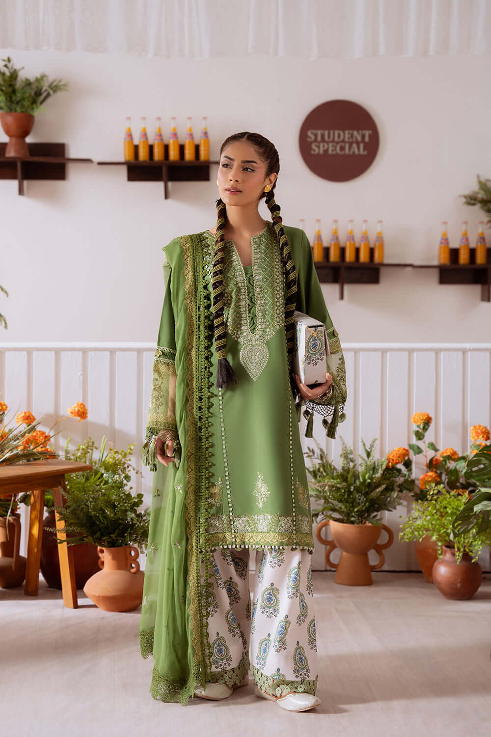 3 Piece Unstitched Heavy Embroidered Pure Lawn Suit with Embroidered Plain Net Dupatta