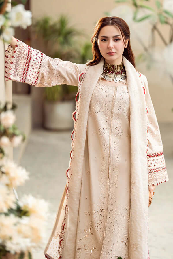 3 Piece Unstitched Heavy Embroidered Pure Lawn Suit with Printed Cotton Net Dupatta