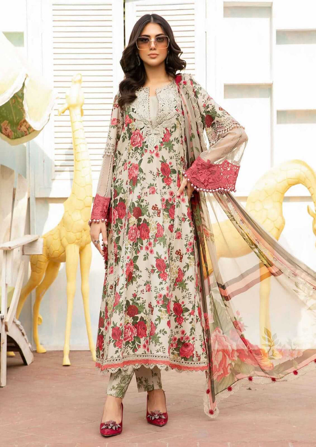 3 Piece Unstitched Heavy Embroidered Pure Lawn Suit with Fine Printed Silk Dupatta