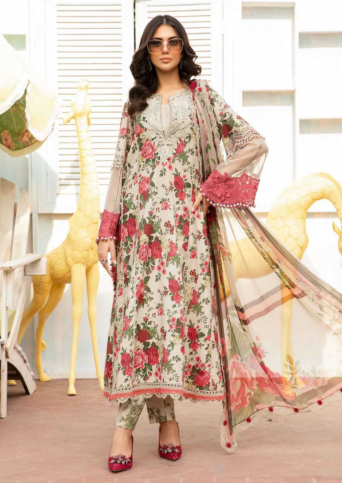 3 Piece Unstitched Heavy Embroidered Pure Lawn Suit with Fine Printed Silk Dupatta