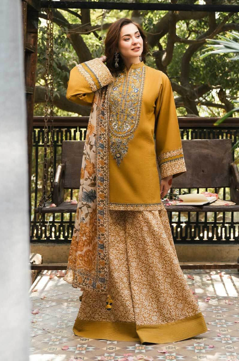 3 Piece Unstitched Heavy Embroidered Pure Lawn Suit with Printed Silk Dupatta