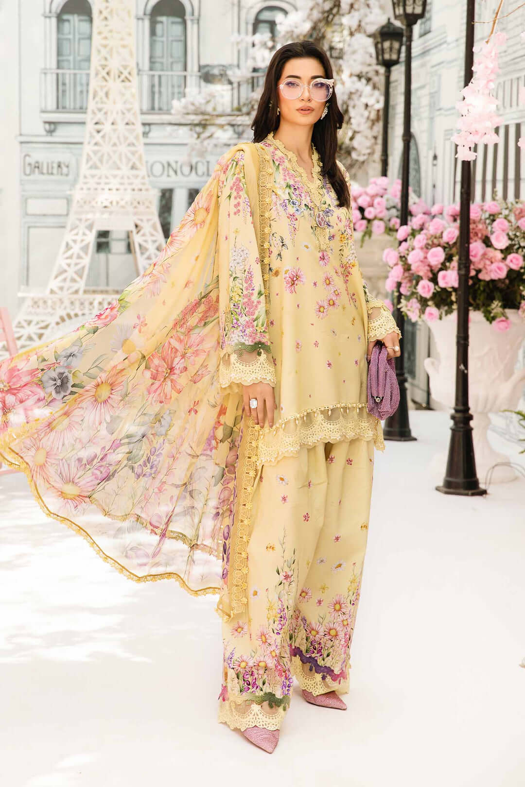 3 Piece Unstitched Heavy Embroidered Pure Lawn Suit with Printed Silk Dupatta