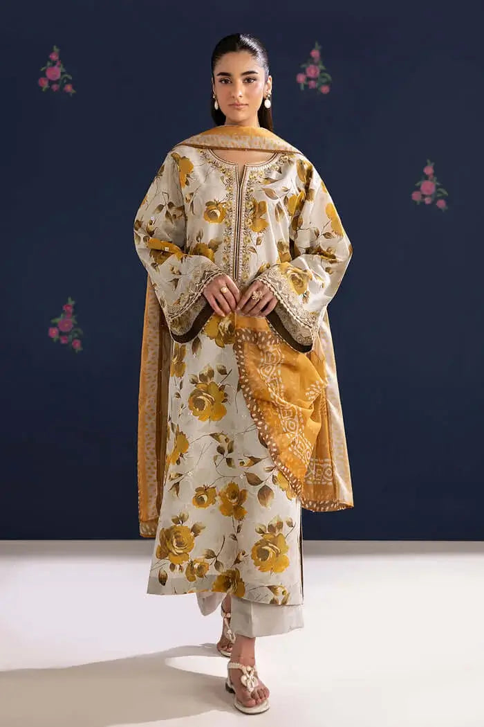 3 Piece Unstitched Printed Embroidered Lawn Suit with Printed Lawn Dupatta