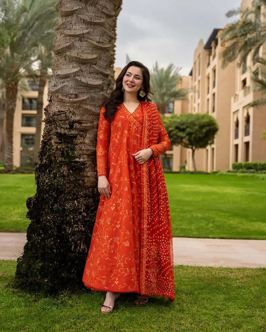 3 Piece Unstitched Heavy Embroidered Lawn Frock with Printed Chiffon Dupatta with Four-sided Embroidered Lace