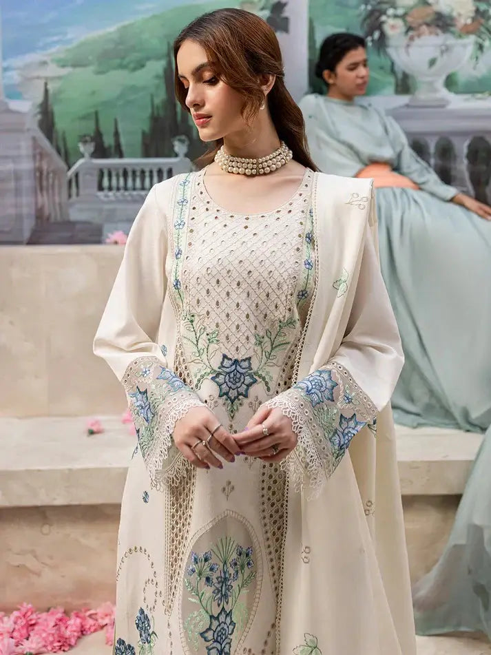 3 Piece Unstitched Heavy Embroidered Chickan Kari Lawn Suit with Four-sided Embroidered Lawn Dupatta