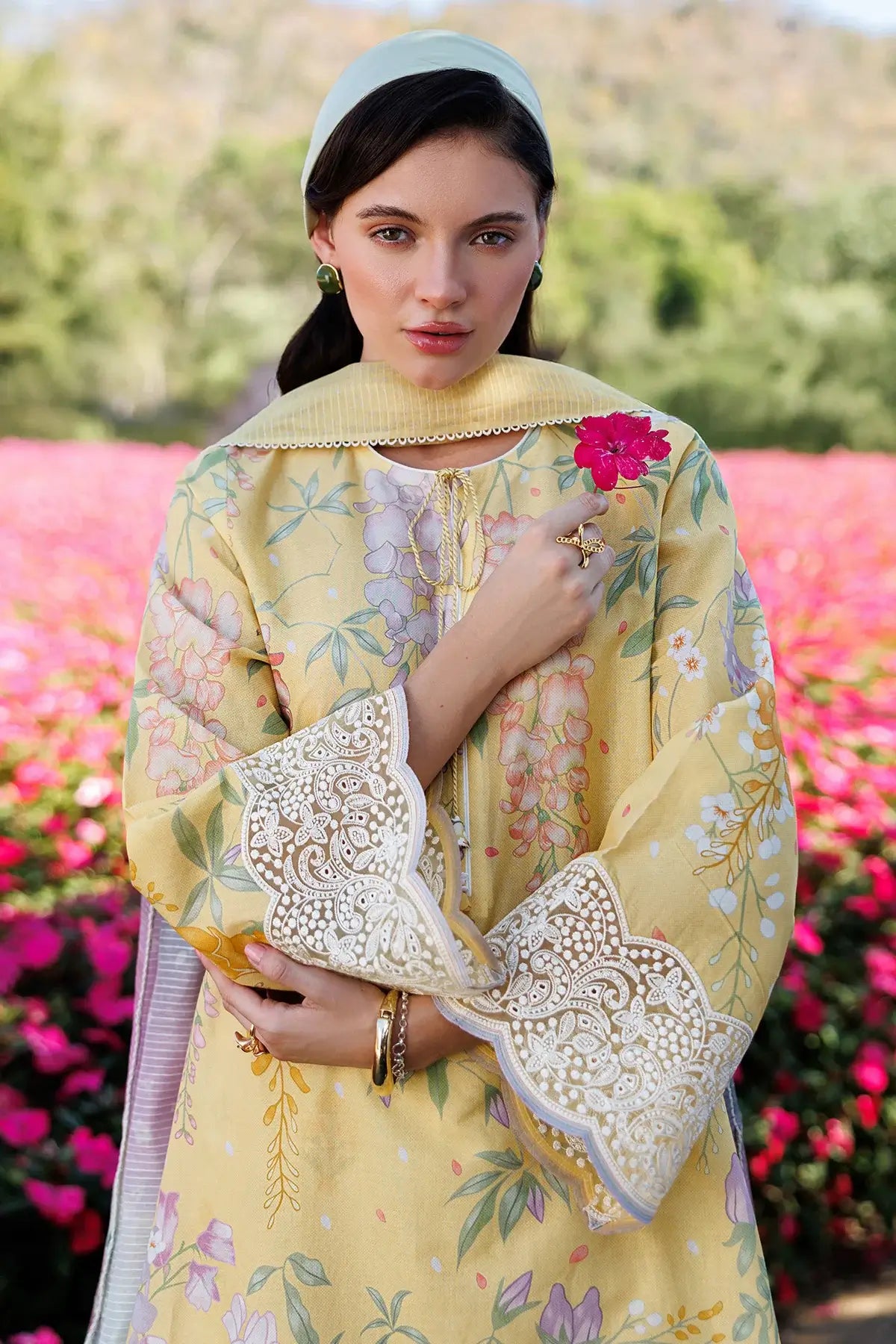 3 Piece Unstitched Embroidered Lawn Suit with Printed Lawn Dupatta