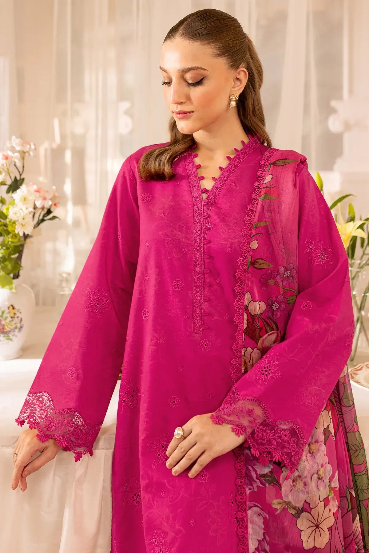 3 Piece Unstitched Heavy Embroidered Chickan Kari Lawn Suit with Fine Printed Silk Dupatta