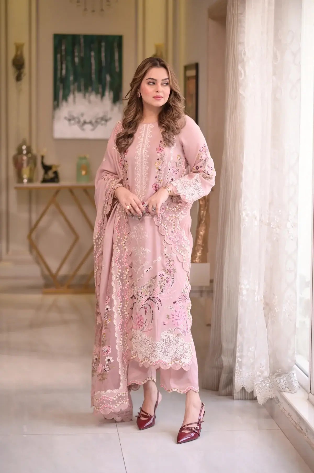 3 Piece Unstitched Heavy Embroidered Chickan Kari Lawn Suit with Four-sided Embroidered Lawn Dupatta