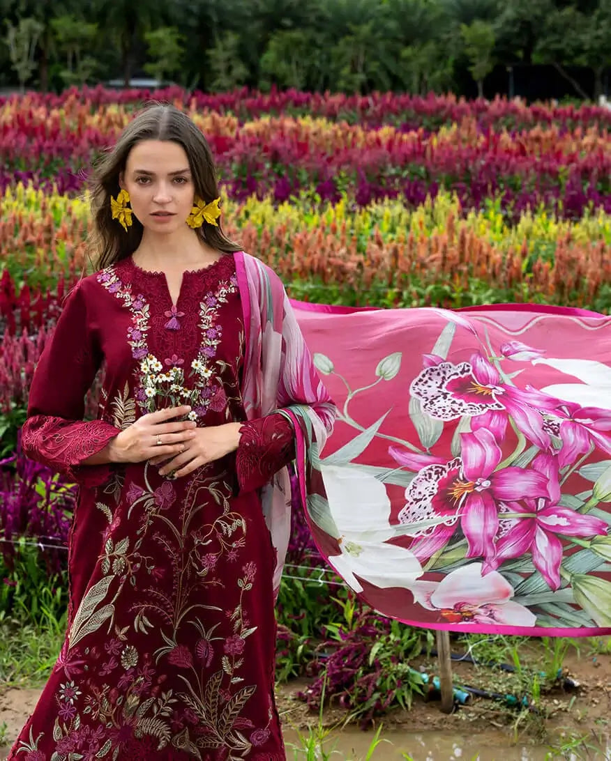 3 Piece Unstitched Heavy Embroidered Chickan Kari Lawn Suit with Fine Printed Silk Dupatta