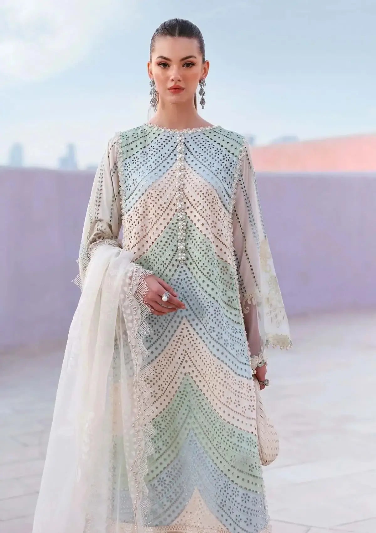 3 Piece Unstitched Heavy Embroidered Chickan Kari Lawn Suit with Four-sided Printed Embroidered Organza Dupatta