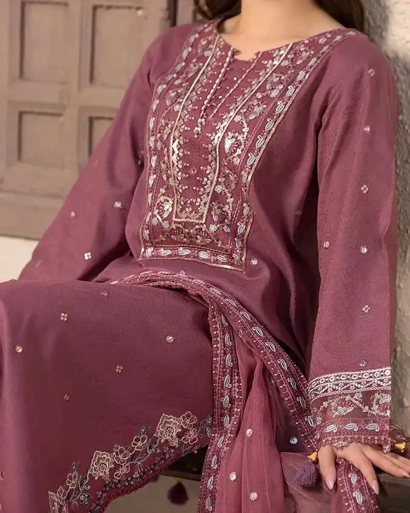 3 Piece Unstitched Heavy Embroidered Lawn Suit with Four-sided Embroidered Chiffon Dupatta