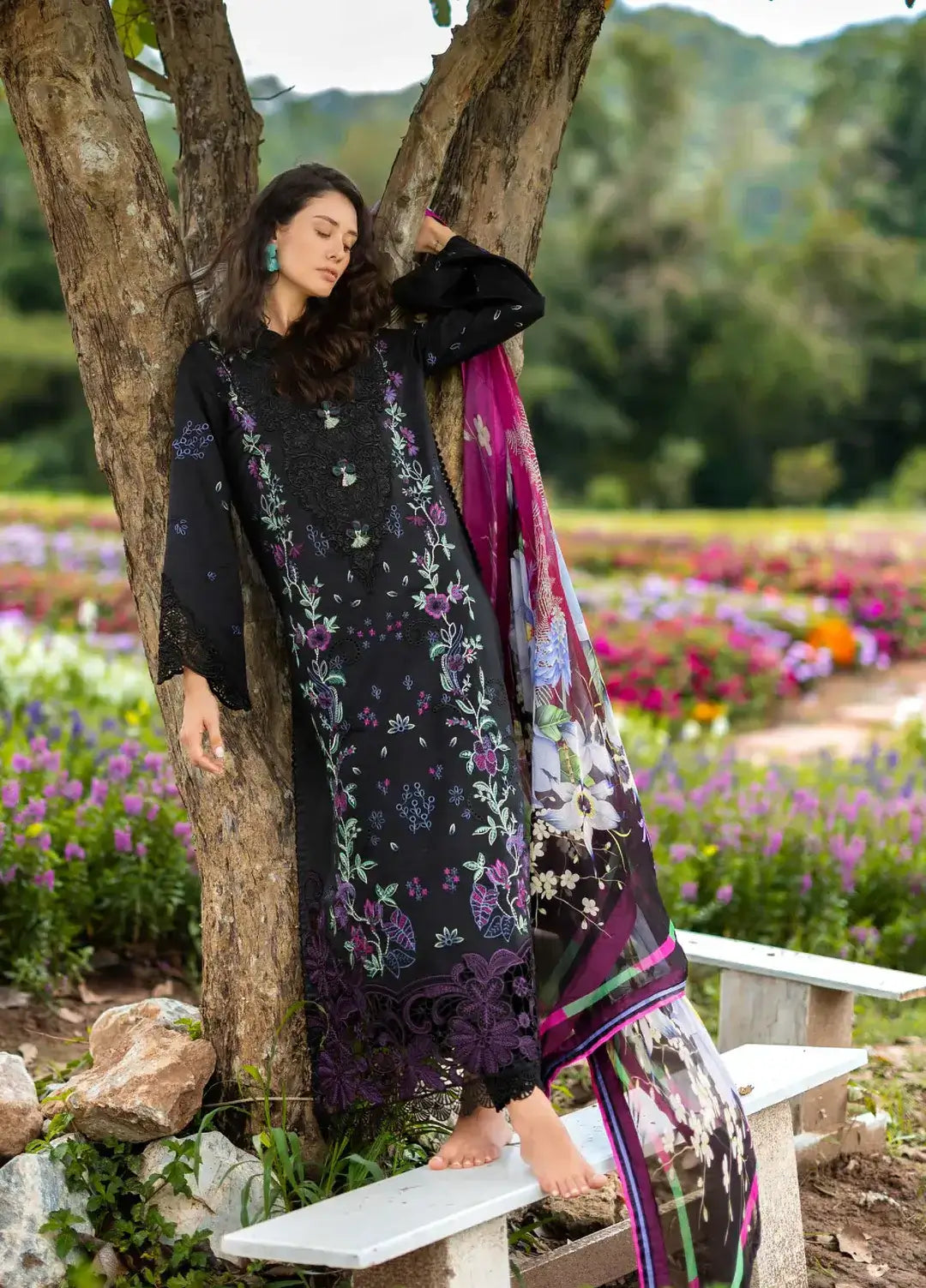 3 Piece Unstitched Heavy Embroidered Chickan Kari Lawn Suit with Fine Printed Silk Dupatta