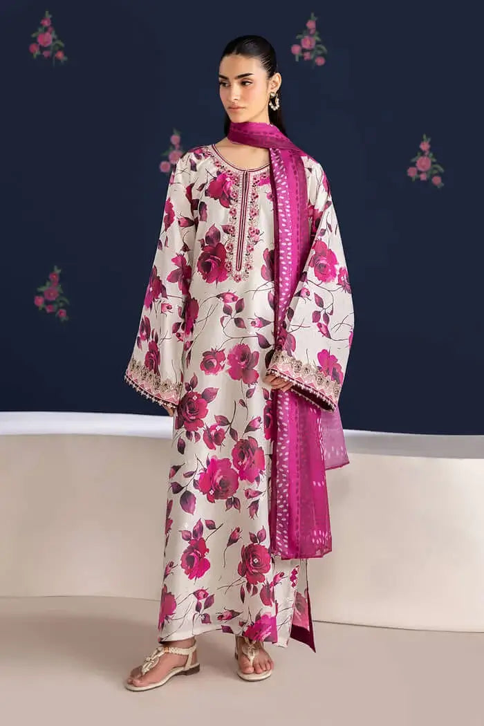 3 Piece Unstitched Printed Embroidered Lawn Suit with Printed Lawn Dupatta