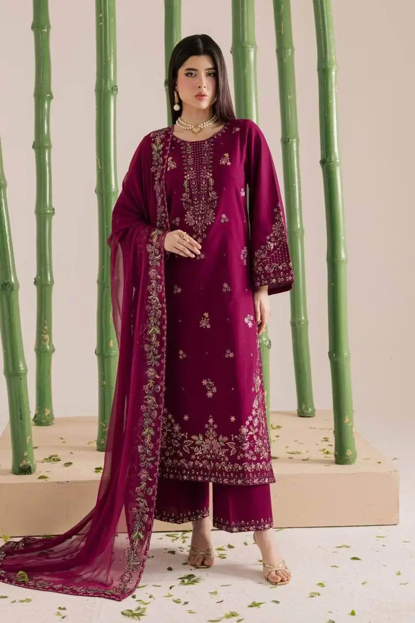 3 Piece Unstitched Heavy Embroidered Lawn Suit with Four-sided Embroidered Chiffon Dupatta