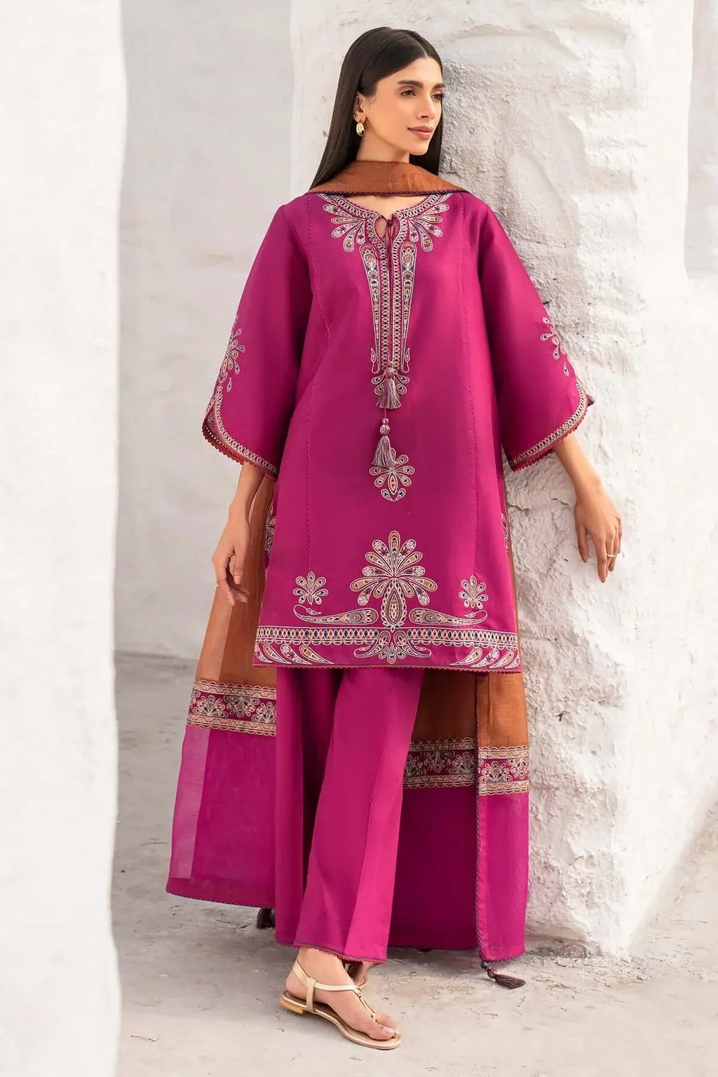 3 Piece Unstitched Heavy Embroidered Lawn Suit with Four-sided Printed Embroidered Chiffon Dupatta