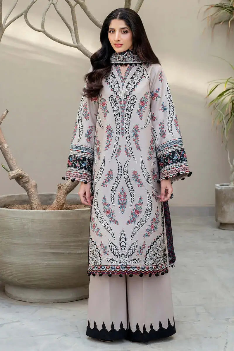 3 Piece Unstitched Heavy Embroidered Lawn Suit with Fine Printed Lawn Dupatta