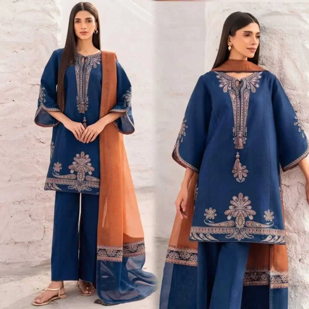 3 Piece Unstitched Heavy Embroidered Lawn Suit with Four-sided Embroidered Chiffon Dupatta