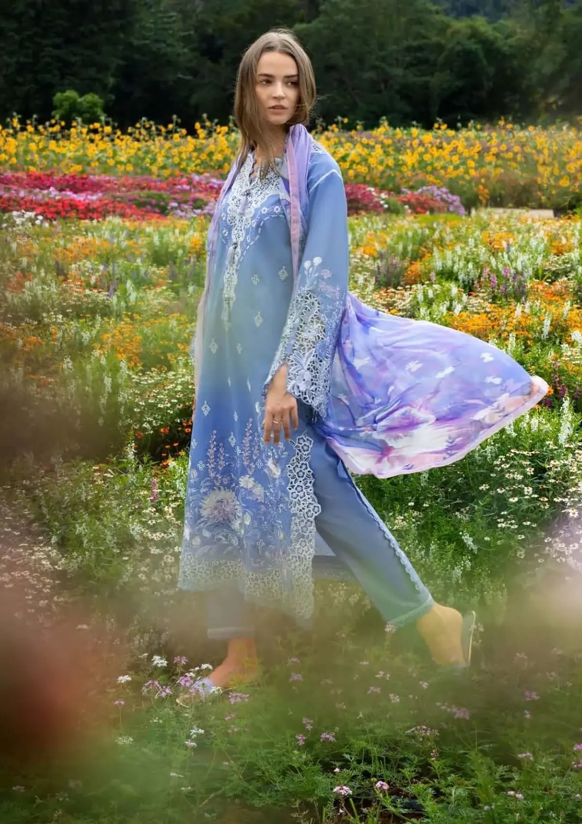 3 Piece Unstitched Heavy Embroidered Lawn Suit with Fine Printed Silk Dupatta