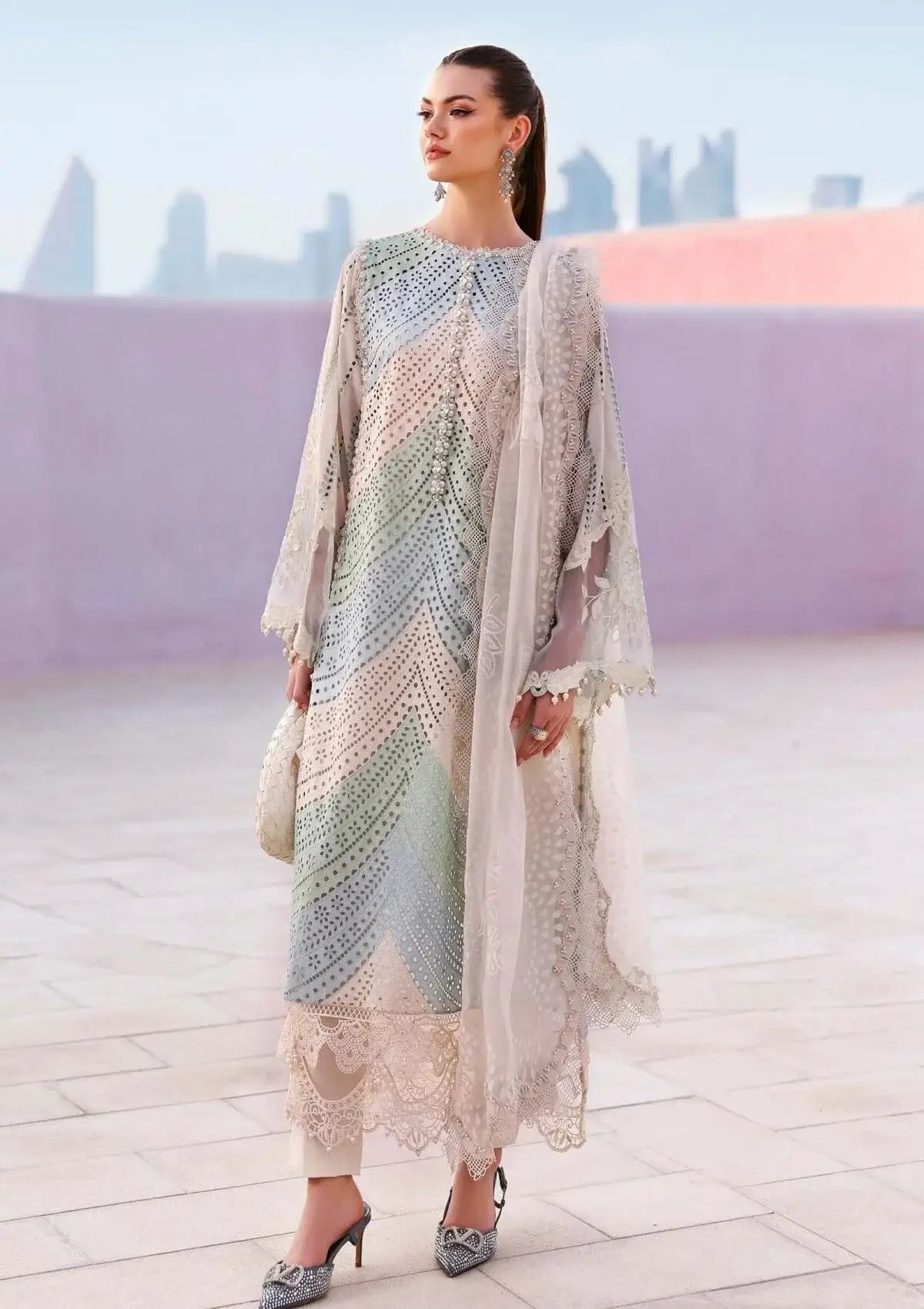 3 Piece Unstitched Heavy Embroidered Chickan Kari Lawn Suit with Four-sided Printed Embroidered Organza Dupatta