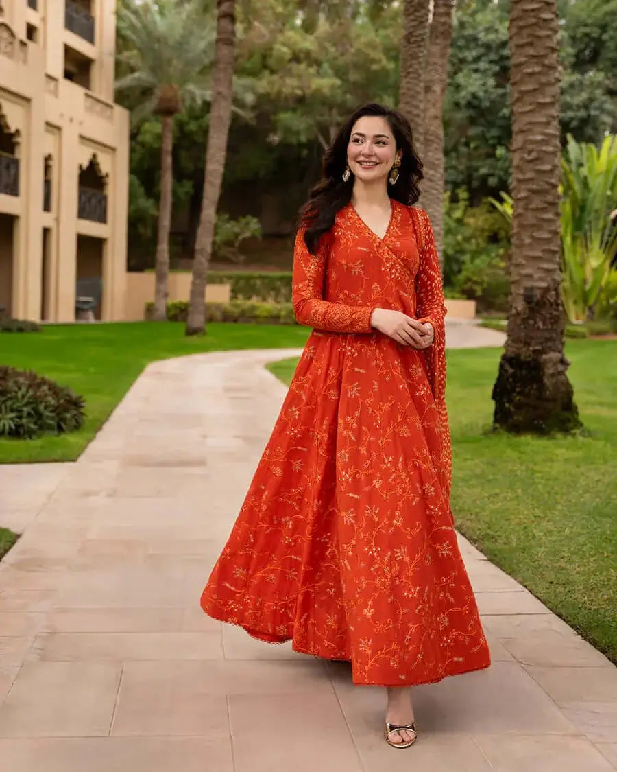 3 Piece Unstitched Heavy Embroidered Lawn Frock with Printed Chiffon Dupatta with Four-sided Embroidered Lace