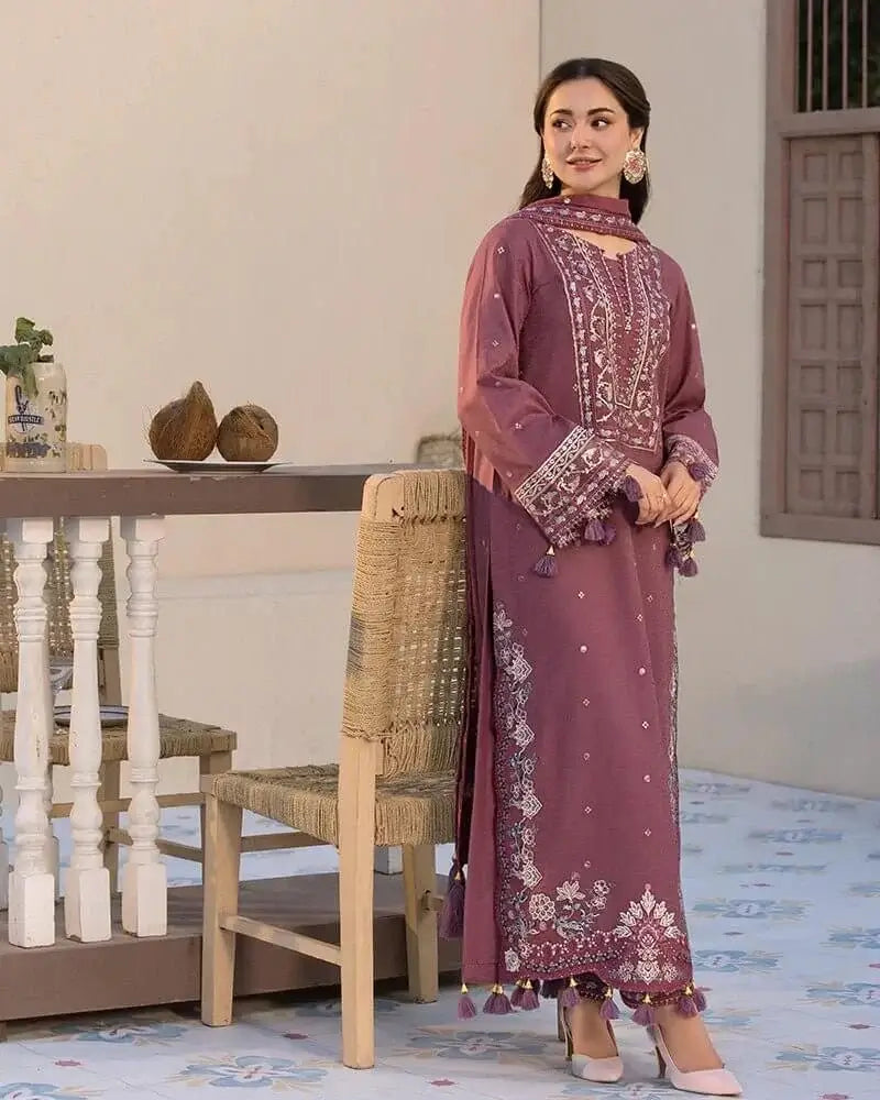3 Piece Unstitched Heavy Embroidered Lawn Suit with Four-sided Embroidered Chiffon Dupatta